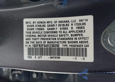 2014 Honda Civic Lx z USA, uszkodzony, nr VIN 19XFB2F54EE238290